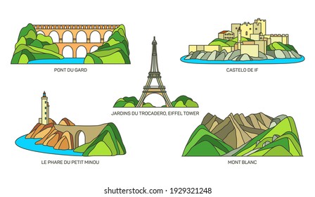 France travel landmarks, Paris architecture Eiffel tower and French cities sightseeing, vector icons. France famous landmarks Mont Blanc mountain, Jardin Trocadero, Pont du Gard and Castello de If