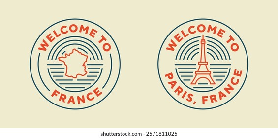 France travel logo. Welcome to Paris, France. Neon style, editable stroke. Thin vector icon set