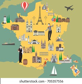 France travel map with sights flat style vector illustration. Popular buildings for tourists. French map. Tourism and travel.