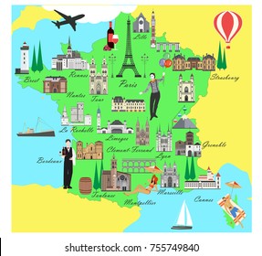 France travel map with sights flat style vector illustration. Popular buildings for tourists. French map. Tourism and travel.
