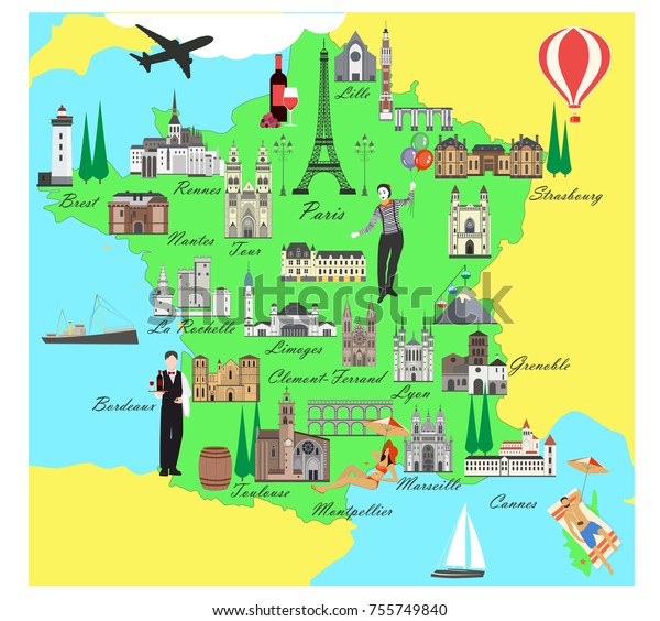 France Travel Map Sights Flat Style Stock Vector Royalty Free