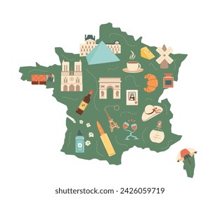 France travel map stylized. Point of interest and accessories. Tourism to Paris elements. Landmarks and symbols of country. Vector illustration.