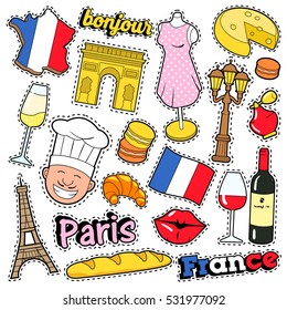 France Travel Scrapbook Stickers, Patches, Badges for Prints with Kiss, Champagne and French Elements. Comic Style Vector Doodle