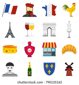 France travel set icons in flat style isolated on white background