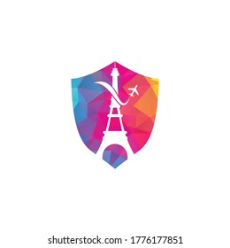 France Travel shield shape concept Logo design. Paris Eiffel tower with plane for travel logo design.