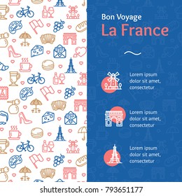 France Travel and Tourism Concept Infographics Banner witch Color Outline Icons for Promotion and Advertising Business. Vector illustration