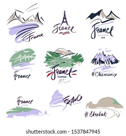 France travel tourism logo. Handwritten name country, town, city. Template isolated word text. Abstract silhouette territory. Design modern lettering, hashtag. Vector illustration.