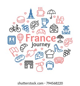 France Travel and Tourism Round Design Template Line Icon Concept on a White for Ad Include of Mill and Arc. Vector illustration