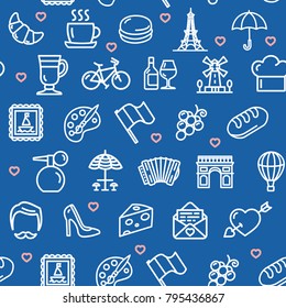 France Travel and Tourism Seamless Pattern Background on a Blue for Business and Service Bakery or Cafe. Vector illustration