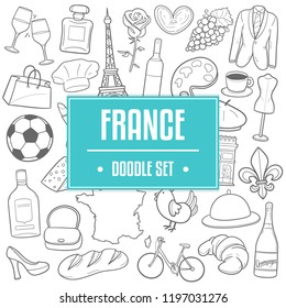 France Travel Traditional Doodle Icons Sketch Hand Made Design Vector