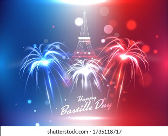 France Tricolor Fireworks Bokeh Background with Eiffel Tower Monument for Happy Bastille Day Celebration.