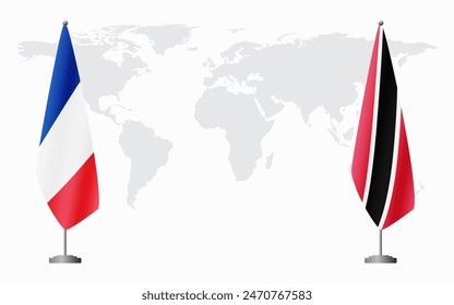 France and Trinidad and Tobago flags for official meeting against background of world map.