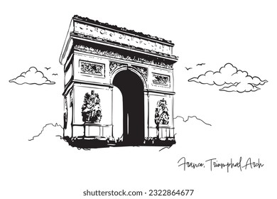 Francia, Arco de Triunfo con concepto de dibujo a mano, impresión, doodle, ilustración vectorial (Vector)