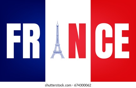 France typography logo. Flag of France and Eiffel tower. Template for badge, sticker, magnet, prints, etc.