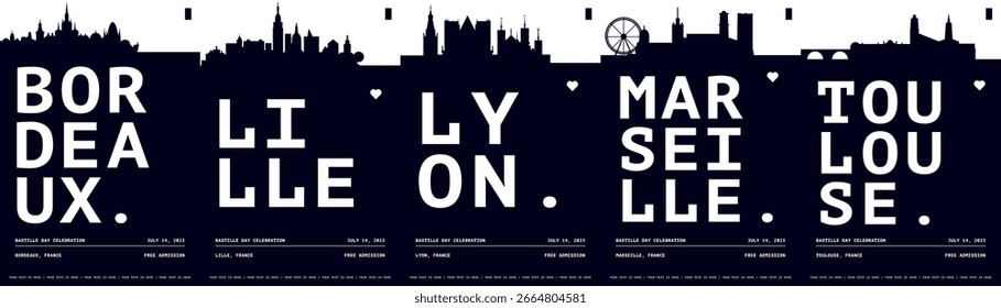 Frankreich Typografie minimalistische Vektorplakate für Feiertage, Tag der Unabhängigkeit Layout. Broschüre, Faltblatt, Flyer, Präsentationsbildvorlage für Bordeaux, Lille, Lyon, Marseille, Toulouse
