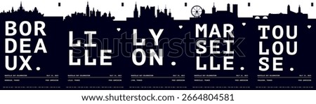 France typography minimalist vector posters for public holiday, independence day layout. Brochure, leaflet, flyer, presentation image template for Bordeaux, Lille, Lyon, Marseille, Toulouse