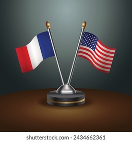 France and United States table flags with gradient backgrund. Vector Illustration