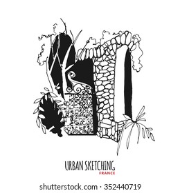 France urban sketch. Paris, Provence, outdoor, stone door. Hand drawn vector illustration. Freehand pencil travel sketch. Line art drawing with ink pen on paper. Vintage design postcard template.