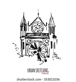 France urban sketch. Paris Sainte Chapelle, historical building. Hand drawn vector illustration. Freehand pencil travel sketch. Line art drawing with ink pen on paper. Vintage design postcard template