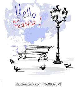 France urban sketch. Paris.Hand drawn vector illustration with a bench and street lights. Freehand line art drawing with ink pen on paper. Vintage banner.