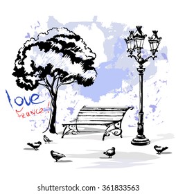 France urban sketch. Paris.Hand drawn vector illustration with a bench and street lights. Freehand line art drawing with ink pen on paper. Vintage banner.