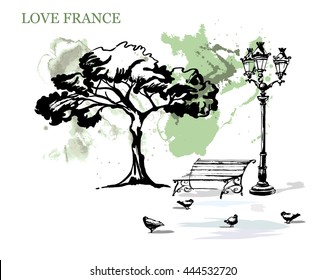 France urban sketch. Paris.Hand drawn vector illustration with a bench and street lights. Freehand line art drawing with ink pen on paper. Vintage banner.