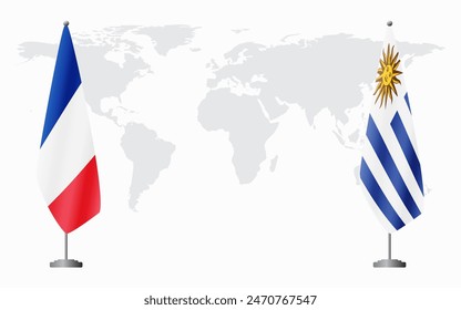 France and Uruguay flags for official meeting against background of world map.