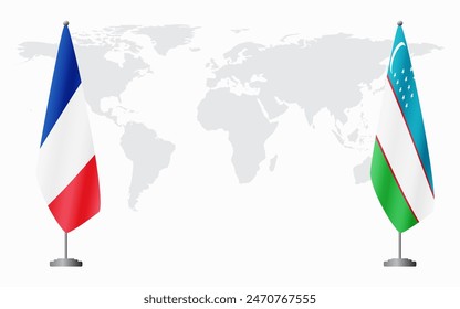 France and Uzbekistan flags for official meeting against background of world map.