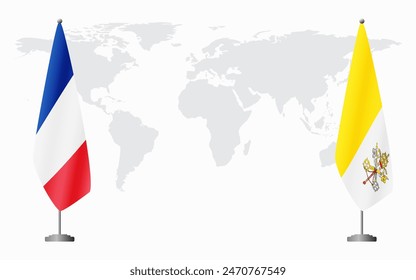 France and Vatican flags for official meeting against background of world map.