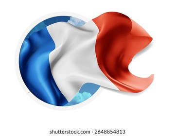 France, vector 3d flag against a blue sky, through a round hole on a white background