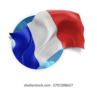 Frankreich, Vektor 3D-Flagge auf blauem Himmel, durch ein rundes Loch auf weißem Hintergrund