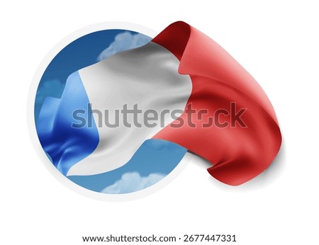 France, vector 3d flag against a blue sky, through a round hole on a white background