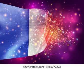 France, vector 3d flag on pink purple background with lighting and flares