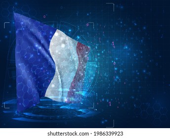 France, vector 3d flag on blue background with hud interfaces