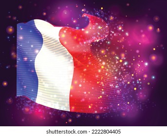 Francia, bandera vectorial 3d sobre fondo púrpura rosa con iluminación y bengalas