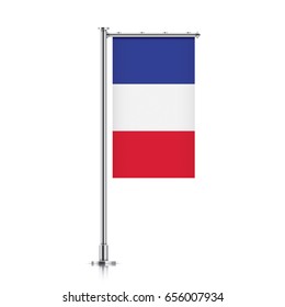 France vector banner flag hanging on a silver metallic pole. France vertical flag template isolated on a white background.