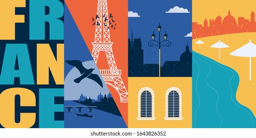 Frankreich Vektorillustration Banner, Illustration. City Skyline, historische Gebäude in modernem Flachdesign Stil. Uralte französische Wahrzeichen in Paris und anderen Gegenden