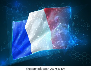 Francia, bandera vectorial, objeto 3D virtual abstracto de polígonos triangulares sobre fondo azul