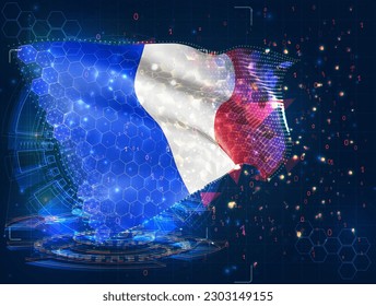 Francia, bandera vectorial, objeto 3D virtual abstracto de polígonos triangulares sobre fondo azul