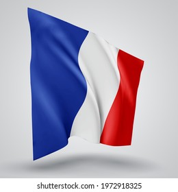 France, vector flag with waves and bends waving in the wind on a white background.