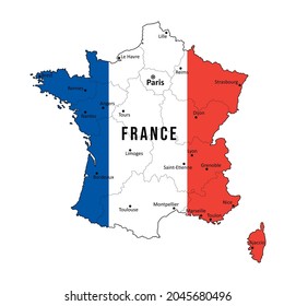 France vector map with city names. For backgrounds, banners, infographics, etc. Simple flat illustration