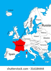 France vector map, Europe. Vector map silhouette illustration isolated on Europe map. Editable blank vector map of Europe. 