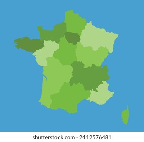France vector map in greenscale with regions