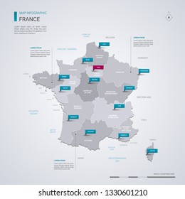 France vector map with infographic elements, pointer marks. Editable template with regions, cities and capital Paris. 