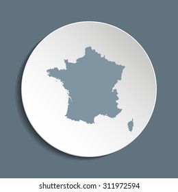 France vector map on a paper circle. Cut out from white paper icon map of France. Vector icon map of France on dark background. Paper cut style country map. 