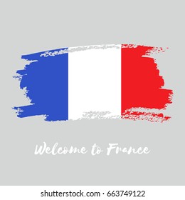 France vector watercolor national country flag icon. Hand drawn illustration with dry brush stains, strokes, spots isolated on gray background. Painted grunge style texture for posters, banner design.