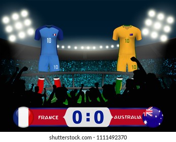 France versus Australia football match result. Concept design for template of 3D soccer uniform with scoreboard and background of crowd fans cheer team at soccer stadium in vector illustration