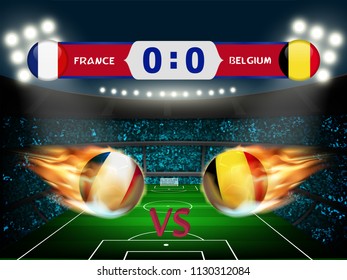 France versus Belgium football match result. Concept design for template of match result with scoreboard and background of crowd fan cheer team at soccer stadium in vector illustration