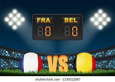 France versus Belgium football match result. Concept design for template of match result with scoreboard and background of crowd fan cheer team at soccer stadium in vector illustration