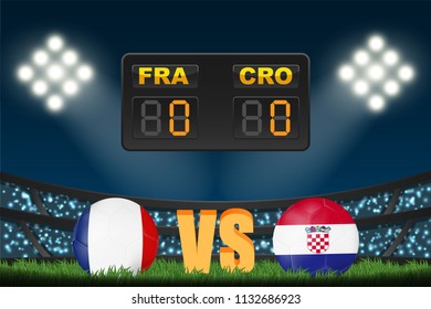 France versus Croatia football match result. Concept design for template of match score with scoreboard and background of crowd fan cheer team at soccer stadium in vector illustration
